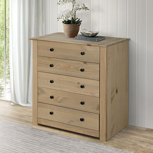 Mews Panama 5 Drawer Chest of Drawers Solid Pine Wood with Waxed Oak Finish
