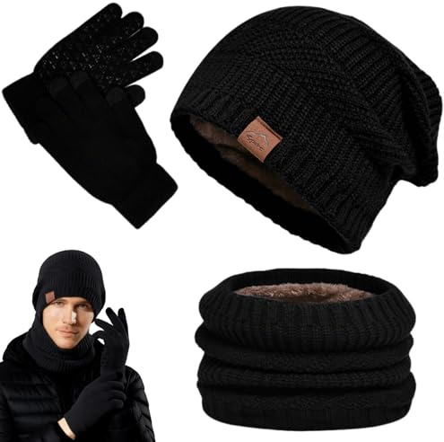 Tbintul Wintermütze, Schal und Touchscreen Handschuhe Set für Herren Damen, Fleecefutter Warme Knit Hut Loop Schal Rutschfeste Handschuhe, Elastische Mütze, für Herren & Damen (Schwarz)