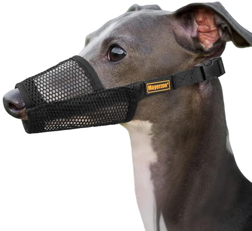 Mayerzon Greyhound Whippet Dog Muzzle, Soft Mesh Muzzle for Long Nose Dogs to Prevent Excessive Biting Chewing Eating, Suitable for Grooming Walking Vet Visits, Allowing Drinking Breathing (Black, S)