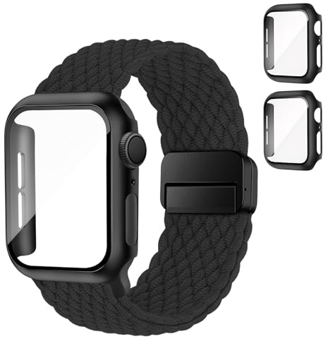 SOLOLUP Nylon Armband+PC Schutzhülle für iWatch Series 6/5/4 SE 3/2/1 40mm | Magnetverschluss,Weiches,Sport Armbänder+2 Schutzhülle für Apple Watch Series 6/5/4 SE 3/2/1 40mm Damen Herren Schwarz