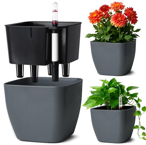 T4U Selbstbewässerungstopf 17,5cm 3er Set Blumentopf Eckig mit Anzeige Grau | Blumentopf mit Bewässerungssystem,Geranien, Minze, Hydrokultur, Wasserspeicher, Innenbereich, Anfänger, Urlaubspflege