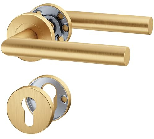 ERGO line NINA Gold Türbeschlag L-FORM, PVD-Gold matt, PZ - Profilzylinder Set, Rund-Rosette, Türgriff für Türen, Drückergarnitur, Türbeschlag, Türklinken Innentüren, Türdrücker