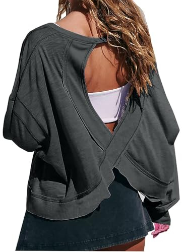 Womens Open Back Workout Tops Short Sleeve Y2k Yoga Shirts Asymmetric Long Sleeve Athletic Gym Slouchy Crop Top Casual Loose Backless Running Tees Tops Ladies Blouses UK