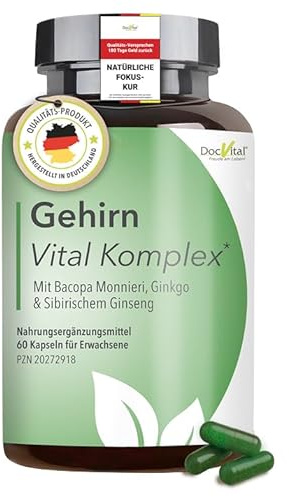 DocVital® Ginkgo Biloba & Ginseng Kapseln hochdosiert, 60 Kapseln, Bacopa | Gehirn Vital Komplex, Brain Booster für Fokus, Gedächtnis & Gehirnleistung, Salbei, Traubenkernextrakt, Cholin, Zink