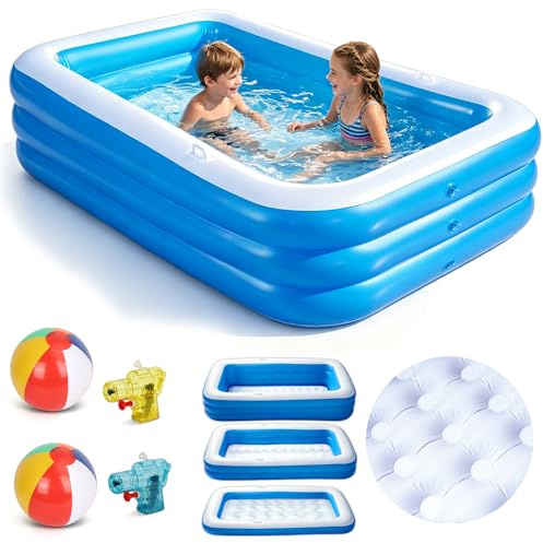 Beeoecm Piscina Hinchable Niños, Piscina Infantil Rectangular con 2 Pelotas de Playa y 2 Mini Pistolas de Agua, Piscine de Verano para Jardín, Exterior y Fiestas de Verano (Azul)