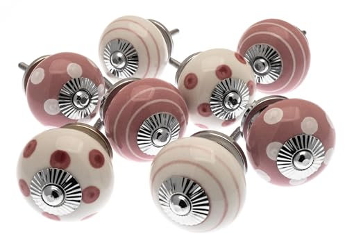 Assortiment de 8 boutons de porte de placard Mango Tree - Vieux rose et blanc, pois et rayures - En céramique - Produit (MG-729) de marque déposée