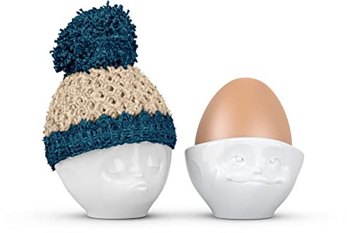 FIFTYEIGHT PRODUCTS / Eierbecker-Mütze „Elfenbein/Petrol“ (Wolle, Handgehäkelt, Made in Germany)