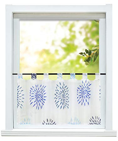 ESLIR Scheibengardine modern Bistrogardine Küche Gardinen Transparent Vorhänge mit Schlaufen Kurzgardine Voile Kreis Muster Blau HxB 60x120cm 1 Stück