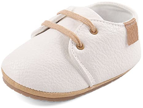 LACOFIA Zapatos Oxford con Cordones para Bebé Niños Zapatillas Primeros Pasos Antideslizantes para Bebés Blanco 6-12 Meses
