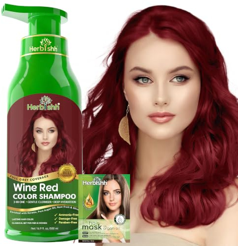 Herbishh Champú para teñir el cabello con canas–Champú para teñir el cabello natural–Colorea el cabello en minutos–Color de larga duración–500 ML–Color de cabello 3 en 1–Sin amoníaco (Rojo vino)