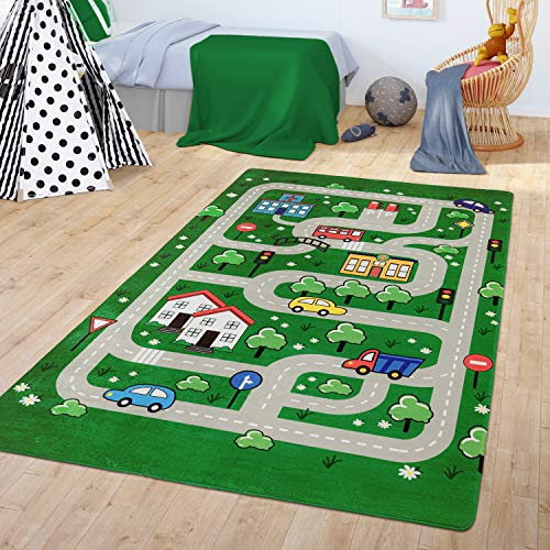 TT Home Teppich Kinderzimmer Spielteppich Babymatte Junge Straßenteppich Auto Stadt, Farbe:Grün, Größe:80x150 cm