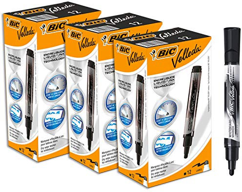 BIC Velleda Feutres pour Tableau Blanc Effaçables à Sec Pointe Conique Large - Noir, Boîte de 12 - Lot x3