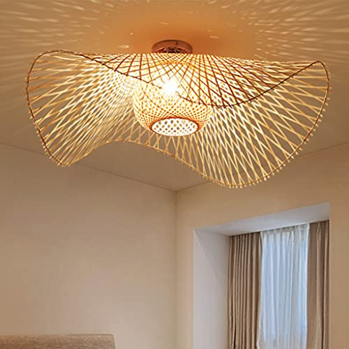 Deckenleuchte E27 Natürliche Deckenlampe Aus Bambus Rattan Deckenlicht Vintage Landbeleuchtung Höhenverstellbar Hut Lampenschirm Retro Pendelleuchte Korridorlampe Schlafzimmer Wohnzimmerlamp,65cm