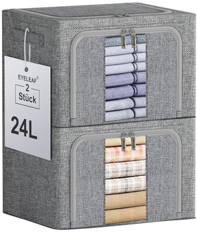 Eyeleaf Scatole Rigide per Armadio XXL 2 Pezzi (24L/66L/100L) con Rinforzi Metallici - Organizer Salvaspazio, Contenitori Impilabili per Vestiti e Accessori
