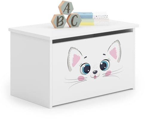 KOBI Coffre a Jouets DARIA | 42 x 73 x 40 cm | Coffre de Rangement Enfant | Caisse pour Jouet | Garcon et Fille | Bac a Jouet Chambre Enfants Bebe | Blanc avec Chat Rose