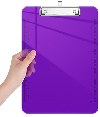 Piasoenc Plastic Clipboards, Translucent Clip Board with Low Profile, Purple Clipboard with Ruler,Office Clipboards, School Supplies, Letter Size 12.5 x 9 Inches, Purple