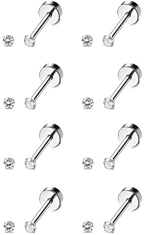 MILACOLATO 8 Paar Ohrstecker Set Hypoallergen Edelstahl für Damen Herren Knorpel Helix Ohrringe 18 Karat Vergoldete Zirkonia Ohrringe Ohrläppchen Flache Rückseite Ohrstecker Silber 2mm