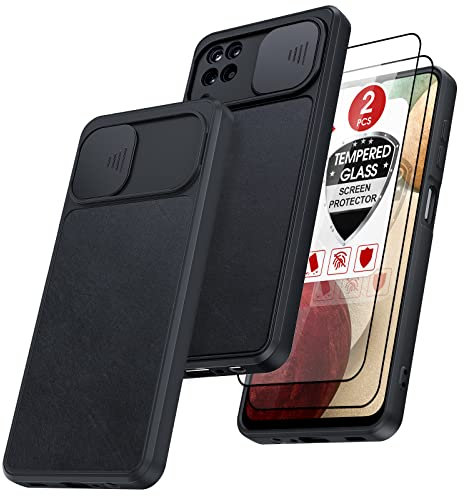 LeYi Hülle für Samsung Galaxy A12/M12/A12 Nacho Slide Kameraschutz Handyhülle & 2 Stück Panzerfolie, Soft Matte TPU Silikon Schutzhülle Kratzfeste rutschfeste Case Dünne Handy Hüllen Schwarz
