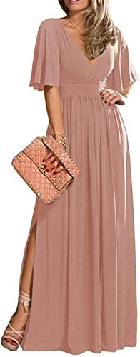 KURFACE Hochzeit Brautjungfernkleider Chiffon A Linie Kurze Ärmel V Ausschnitt Lange Trauzeugin Kleider mit Schlitz, Dusty Rose, 42