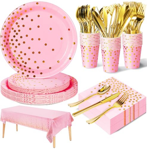 Nkaiso Partygeschirr Kindergeburtstag 141Stück Roségold Party Deko Zubehör Set Papier Geschirrset einschließlich Pappteller Servietten Wiederverwendbar Geschirr für Jubiläumsdekoration -20 Gäste