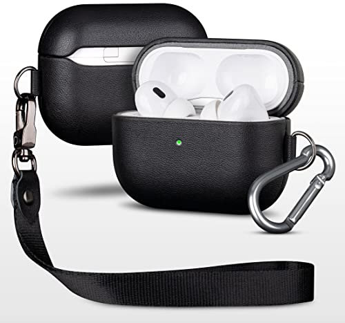 Haobobro [Nappa Series] AirPods Pro 2. Generation Hülle 2022 - AirPods Pro 2 Leder Case Leather Cover - AirPods Pro 2 Ledercase Schutzhülle - Lederhülle mit Trageband und Karabiner - Schwarz