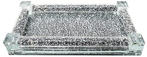 ONE BEST DEAL 1 x Diamond Crushed Tray | Silver Trimming Crystal Crushed Diamond Tray for Tea and Coffee| Perfect for Home Decor | Crystal Filled Heavy Decorative Sparkle Mirrored Tray