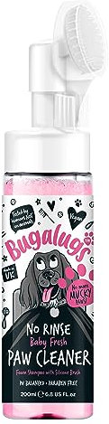 BUGALUGS Dog Paw Cleaner No Rinse Foam Cat & Dog shampoo with Silicone Brush Head, waterless grooming products. Travel friendly paw cleaner for dogs defeat muddy paws on the go (Baby Fresh)