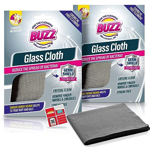 Buzz 2pk Glass Cloth with Germ Shield, 39cm x 49cm Glasses Cloth for Streak-Free Microfibre Cleaner, Multipurpose Durable Lens & Screen Cleaning, Crafted with Soft Material, Absorbs Oil & Dirt