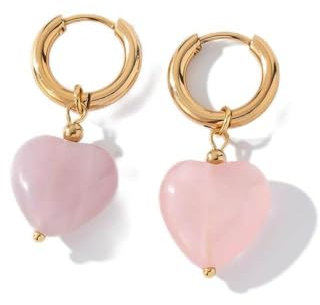 Edelstein Ohrringe Damen,Goldene Runde Kleine Damen-Ohrringe Mit Elegantem Herz-Rosenquarz-Anhänger Für Frauen