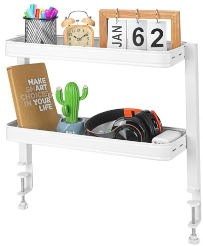 Nuslne Clamp-on Desk Shelf, Desktop or Under-Desk 2-Tier Shelving Unit with Adjustable Metal Storage Tray for Desktop Accessories, Office Organization, Gaming Devices& Dresser Top Organization Storage
