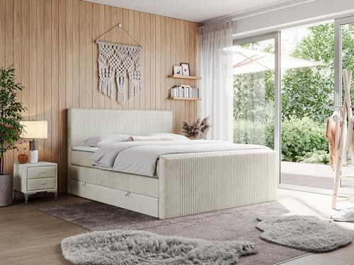 MKS MEBLE Boxspringbett Doren King 180x200 cm, Polsterbett mit Kopfteil und Bettkasten, Bett mit Multipocket-Matratze H3, Boxspringbett mit Topper T25 - Beige Velvet