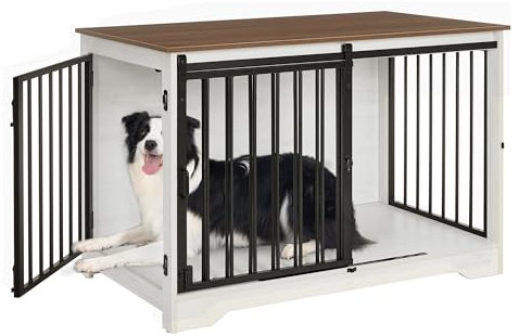 Hzuaneri Hundekäfig Möbel, 100cm hundebox für zuhause, Schiebetüren, 2 Tür, Moderne hundebox Holz Indoor für kleine/mittlere/große Hunde, Hundekäfig für Zuhause, 60 x 100 x 68 cm, Weiß Braun