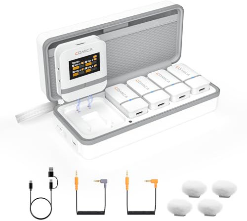 COMICA Vimo Q Wireless Lavalier Microphone System with 4 Transmitters and 1 Receiver, 4 Audio Tracks Output, Noise Cancellation, 656'(200M) Range, Lav Mic for DSLR Camera, iPhone, Android, PC(White)