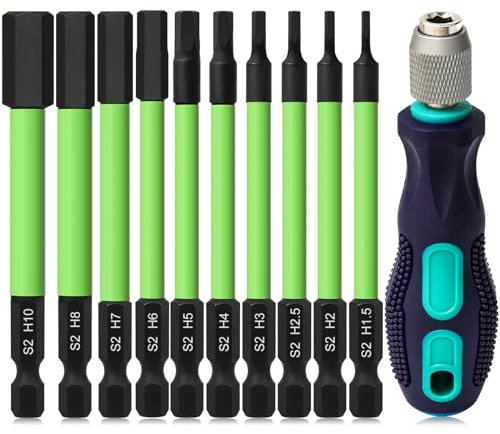 Impact Drill Allen Key Bit Set, 10PCS Hex Bit Set H1.5-H10 Allen Key Screwdriver Set, 89mm Long Metric Allen Key Drill Bit with Handle Screwdriver, Impact Driver Hex Head with 1/4 Inch Hexagon Shank