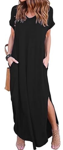 HSAJS Robe Longue Femme Chic et Elegant en Line Noir T-Shirt Robe Col en V Ete Loose Rétro Maxi Robe de Soirée Elegant Manches Courtes Elastique Robes