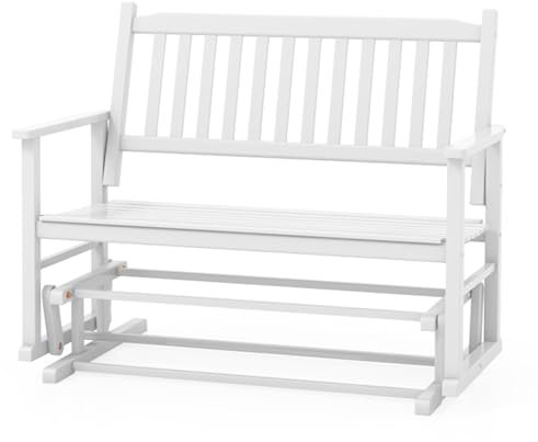 KOMFOTTEU Gartenbank wetterfest, Schaukelbank aus Massivholz, 2-Sitzer Holzbank bis 225 kg, Holzbank mit gebogener Rückenlehne und Armlehnen, 126 x 68 x 100 cm, Weiß