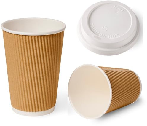 Sunrise Packaging Large 16oz / 440ml Kraft Ripple Hot Drinks Cups with Lids, 3Ply Insulated Paper Cups for Tea Coffee Cappuccino Drinking Cups (50)