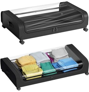 MOXTOYU 2-Pack Underbed Storage Box with Wheels and Lid, Space-Saving Black Storage Box, Transparent and Visible Underbed Container, Dust & Waterproof, Moisture-Proof design for Books,Clothes