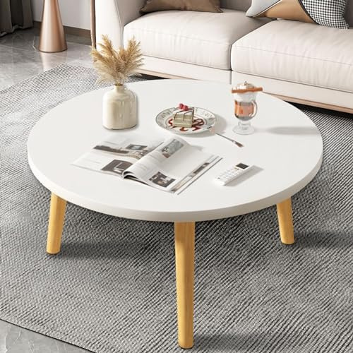 Wizoowip Round Coffee Table, Small White 60cm Wooden Coffee Table, Solid Wood Low Tea Table for Living Room, Scandinavian Circle Center Table, 4-Legged Dining Table for Kitchen, Balcony White
