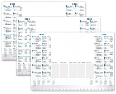 PRIMUS PRINT Schreibtischunterlage Papier DIN A2-2025 & 2026 Jahreskalender - 80g Dickes Naturpapier - Stabiler Papprücken - 25 Blatt - mit Schutzleiste - Büro und Homeoffice [3er Set]