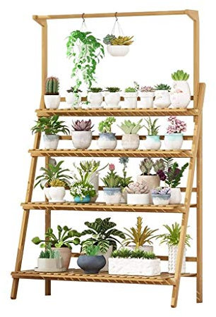 Blumenständer für die Heimdekoration, Bambus, 4 Ebenen, zusammenklappbar, zum Aufhängen, für mehrere Pflanzen, Lagerregal, Leiterregal, Ausstellungsständer (Farbe: Khaki, Größe: 100 cm * 43