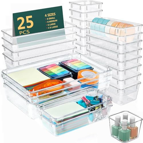 Yalixuan 25 Pcs Clear Drawer Organiser,4-Size Versatile Bathroom and Vanity Drawer Organizer Trays for Cosmetics, Jewelry, Dressers, Bathrooms, Kitchen Utensils,Office Desks,bathroom accessories & muc