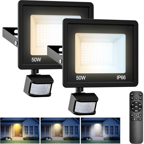 vighep 50W LED Strahler mit Bewegungsmelder Außen Fernbedienung,2 Stück 3000k-4500k-6000K Sehr Hell Scheinwerfer Fluter, IP65 Wasserdicht Dimmbar Timing-Funktion Led Aussenleuchte für Garten Hof