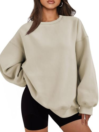 Famulily Casual Sweatshirts for Women Long Sleeve Round Neck Fleece Jumpers Loose Tunic Pullover Tops Beige XL