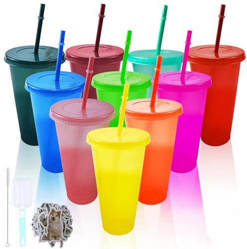 10 Pièces Gobelet en Plastique avec Couvercle et Paille, 24oz Colorées Gobelet Reutilisable avec Paille Enfant Adulte Verre Plastique pour Café, Smoothie, Jus, Gobelets de Fête, Tasse de Voyage