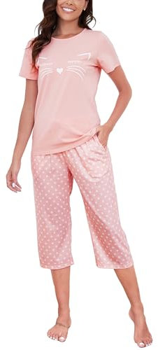 Reliwel Ensemble de Pyjama Femme Coton Pyjama Court Femme Vêtements de Nuit 2 Pièces à Manches Courtes Chat et Pantacourt 3/4 pour Printemps et Été