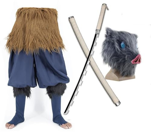 Anjinguang Anime Hashibira Inosuke Cosplay Kostüm Inosuke Outfit Wildschweinkopf Schwert Hose Full Comic Charakter Uniform für Fasching Party Halloween Rollenspiel