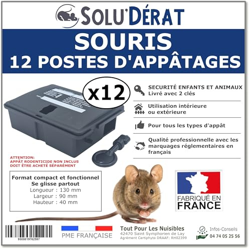 12 Postes d'Appâtages pour Souris, Sécurisés pour Enfants et Animaux, Lot de 12 Unités SoluDérat - Fabriqués en France - Notice en Français - Boîtes Vendues Vides sans Appât (Poison)