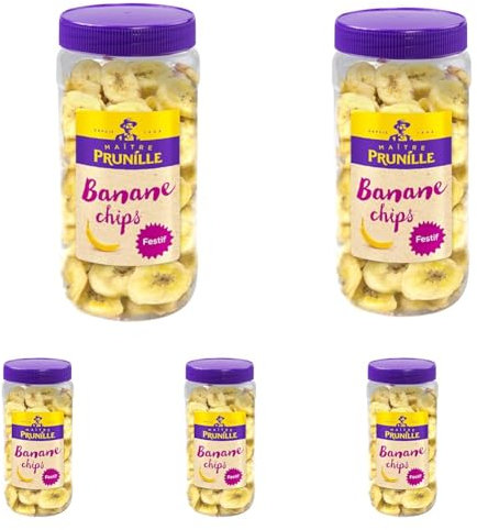 MAÎTRE PRUNILLE - Bananes Chips - Fruits Secs Festif - Riche En Fibres Et Vitamines - Pour Un Snack Ou Apéritif - Bocal 275 g (Lot de 5)