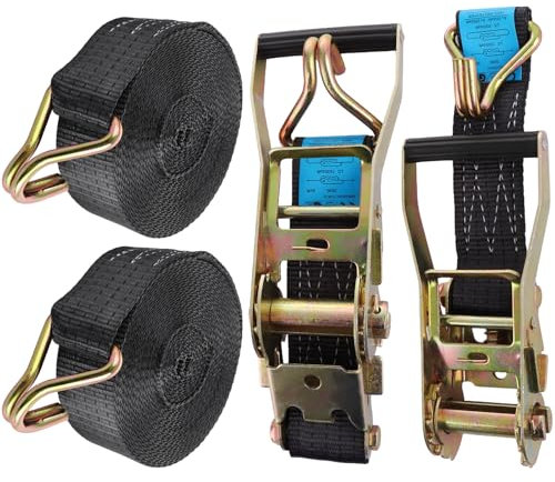FWEEK 2 Sets Ratchet Tie Down Straps 5cm x 10m, 3T Break Strength, Heavy Duty Lashing Strap, Securing Straps with Handle and Metal J Hook for Trucks, Cars, Motorcycles – Black
